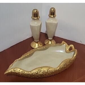 Vintage White Porcelain 24k Gold Plated Weeping Leaf Dish Salt Pepper Shakers